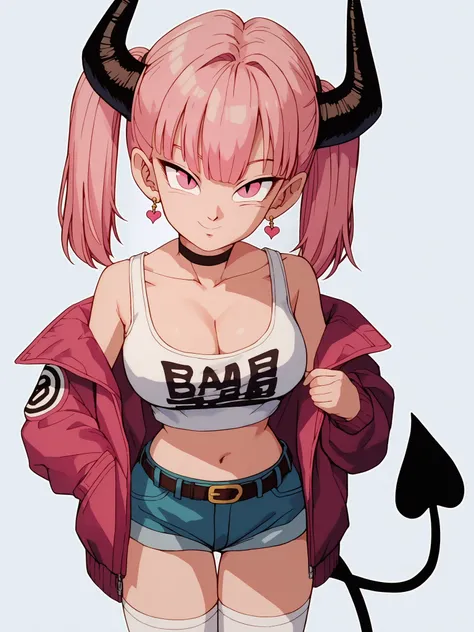 score_9, score_8_up, score_7_up, score_6_up, score_5_up,
1girl, solo, breasts, tail, pink_hair, horns, demon_tail, shorts, jacket, twintails, large_breasts, smile, looking_at_viewer, long_hair, navel, choker, black_background, pink_eyes, short_shorts, belt...