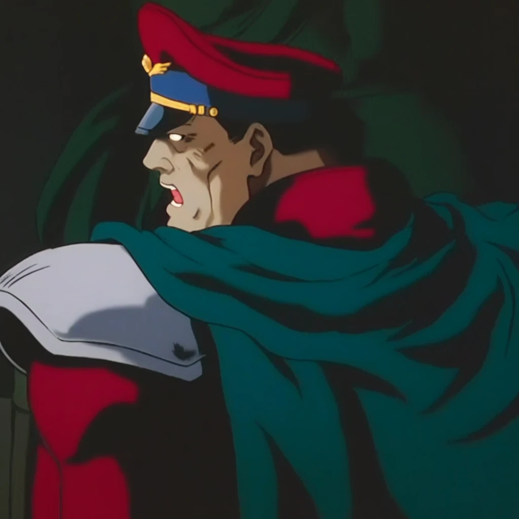 peaked cap, dark-skinned male, cape, male focus, shoulder armor, no pupils, serious, black hair, from behind, looking at viewer, open mouth, crossed arms, anime, from side, day, military uniform