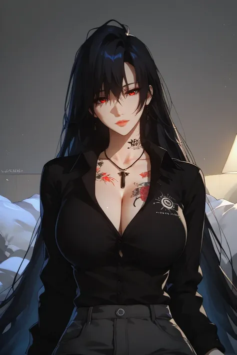 score_9_up, score_8_up, score_7_up, (Anime_source), Beautiful face, masterpiece, 
1girl, solo, large breasts, (character:Yuan Zhenji), long hair,very long hair,bangs,black hair, red eyes , shirt, black hair, long sleeves, cleavage, collarbone, collared shi...