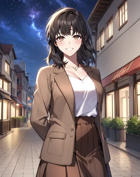 juri_min, black hair, medium hair, brown eyes, jacket, brown jacket, white shirt, jewelry, necklace, formal clothes, brown long skirt BREAK outdoors, city, night, starry sky, arms behind back, smile, blush, looking at viewer BREAK score_9, score_8_up, scor...