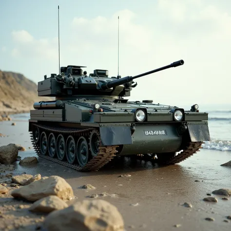 "Imagine an image in cinematic realism, depicting the FV107 Scimitar CVRT positioned discreetly near coastal dunes, the low tide revealing rocks and sand as it keeps a vigilant watch over the shoreline."