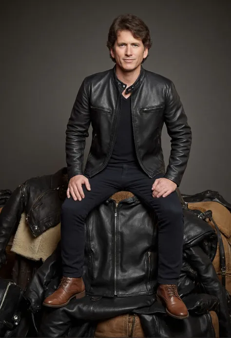 photograph of Todd Howard wearing a leather jacket and standing on top of a massive pile of leather jackets