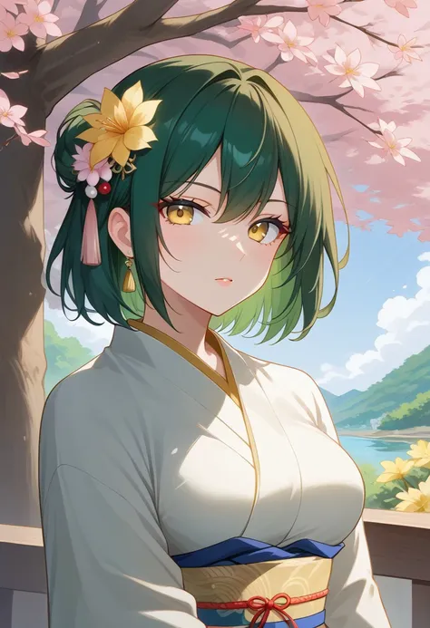 Masterpiece, High quality, OC, Female Adult woman, 1girl, solo, short dark green hair styled in a chignon positioned higher on the back of her head, golden hair ornament, golden flower on left side of head, golden beaded cords, white kimono with green flor...