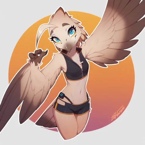 score_9_up, score_8_up, score_7_up, score_6_up, half-length portrait, beak, bird, female, avian, looking at viewer, solo, open beak, happy, three-quarter view, blue eyes, head tilt, white body, avian feet, eyelashes, toe claws, winged arms, wings, hotpants...