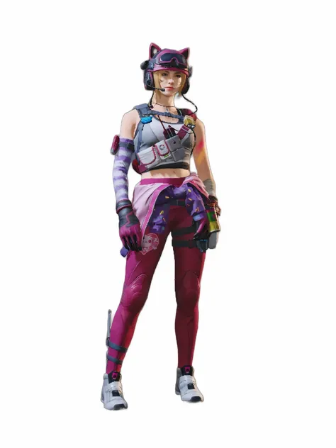 1girl, full body view, blonde hair, ponytail, cat ear headphones with tactical headset, black eyes, white crop top showing midriff, pink tactical harness and single strap bag with blue charm, purple and pink arm sleeve on right arm, black pink gloves, pink...