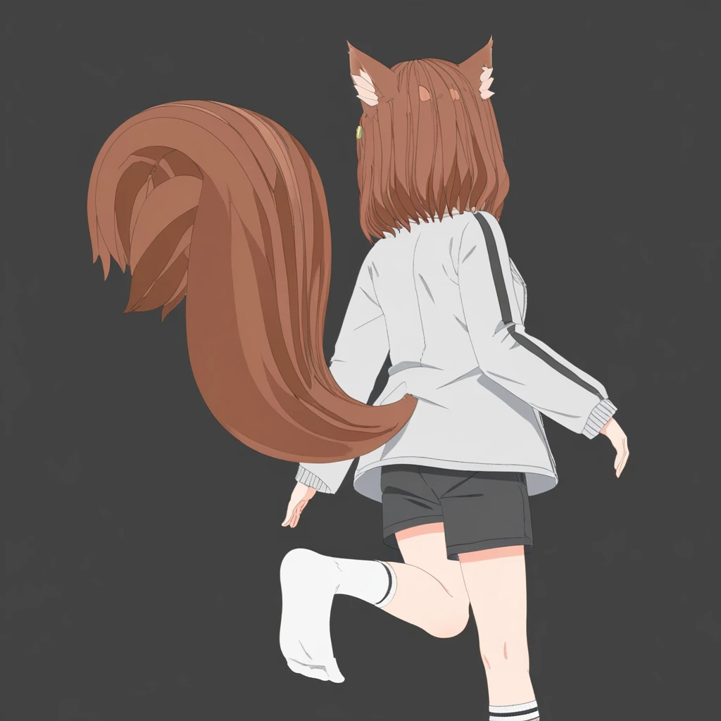 squirrel girl, simple background, jacket, 1girl, white shirt, animal ear fluff, standing on one leg, shorts, hair ornament, facing away, brown eyes, socks