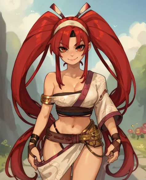 score_9,score_8_up,
Narikoxl,long red hair,ponytails,solo,looking at viewer,headband,
off shoulder,revealing clothes,cleavage,bracelet,
light smile,
outdoors,dusk,<lora:Narikoxl:0.9>,