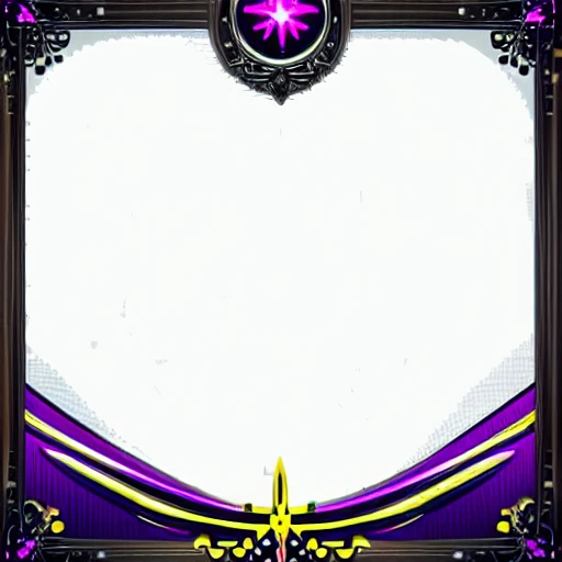 frame design, ornate frame, symmetrical design, gold and purple accents, clean white center, fantasy card, sharp details, glowing highlights