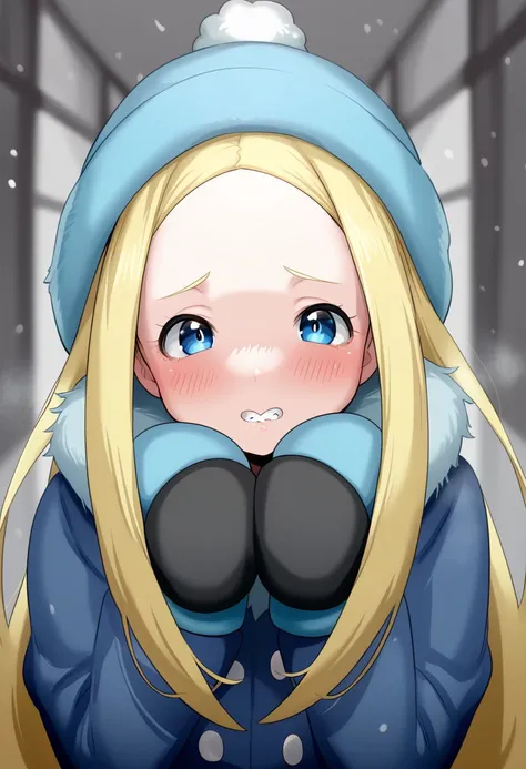 hyuuman, digital illustration, charact portrait, depth of field, pastel coloring/(medium/), blonde hair, very long hair, blushing, face focus, buck teeth, looking at viewer, ushanka, mittens, winter coat