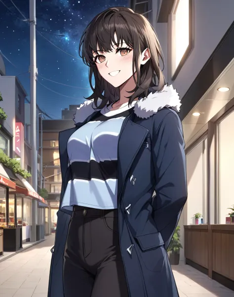 juri_min, black hair, medium hair, brown eyes, striped shirt, fur trim, coat,  shop clothes, pants BREAK outdoors, city, night, starry sky, arms behind back, smile, blush, looking at viewer BREAK score_9, score_8_up, score_7_up, source_anime ,zPDXL, <lora:...