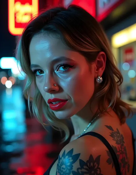 In a gritty, urban noir setting, a close-up shot captures the enigmatic RUXW1TS, her piercing blue eyes gazing intently beyond the frame, framed by heavy eyeliner and vivid red lipstick. Her teeth flash in a knowing, confident smile, adorned with two diamo...