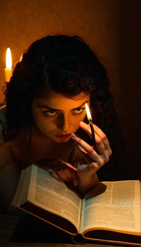 score_9, score_8_up, score_7_up, score_6_up, realistic, 1girl, attractive woman, Scene description: 1girl in Greek mythology sits in a dim study, holding a yellowed ancient book in her hand, the pages of which are full of legends about her. She looks focus...