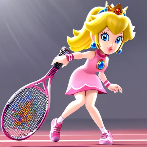 princess peach, short dress, 1girl, solo, (tennis racket), looking at viewer, smile, full body, ponytail, sneakers, tennis uniform,  high quality, (ultra high res:1.4)