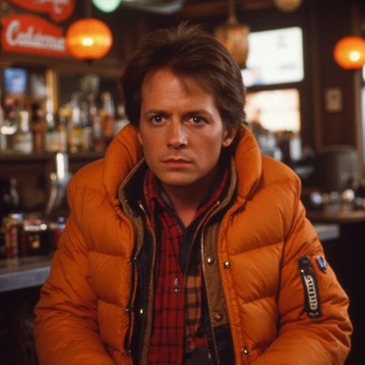 martymcfly wearing an orange puffy vest sitting in a bar