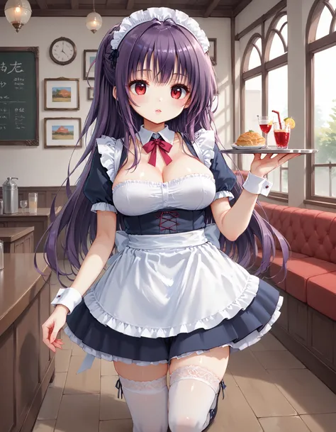 score_9, score_8_up, score_7_up, source_anime, highres, solo, solo focus, 1girl, in cafe, <lora:takasu-miyabi_Prima_Stella_Atelier_Kaguya:0.9> miyabi, purple hair, red eyes, large breasts,
BREAK <lora:maidXLP:0.3> maid apron, maid, maid headdress, thighhig...