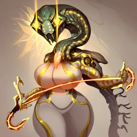 score_9, score_8_up, nira, 1girl, solo, warframe, snake head, metal skin, monster girl, bodysuit, glowing eyes, lens flare, embedded crystal, huge breasts, gold trim, wide hips, whip, holding weapon, fangs