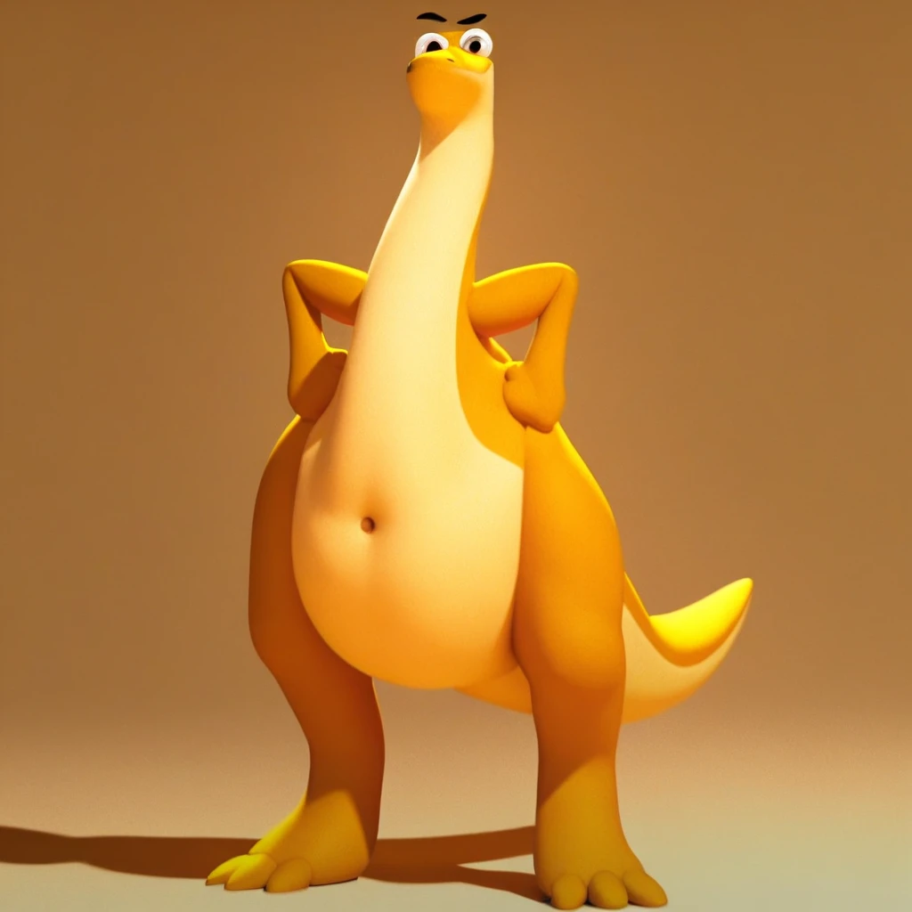 score_9, score_8_up, score_7_up, score_6_up, STURE, dinosaur, yellow scales, yellow skin, light yellow belly, long neck, small head, long snout, floating eyebrows, eyebrows, big eyes, digitigrade, 4 fingers, 3 toes, thick thighs, long legs, big belly, tail...