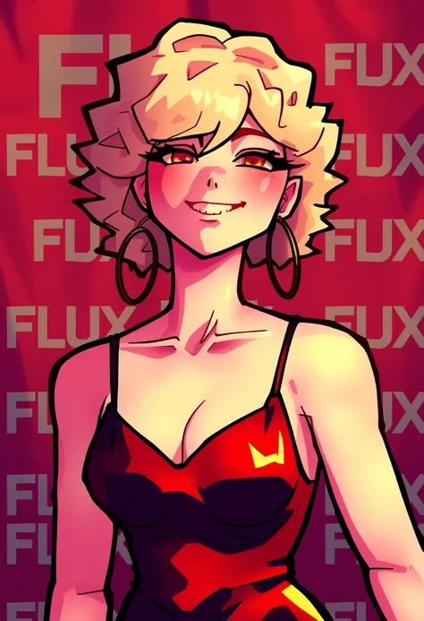 AlphaRecdyt (Artist), akuseru.sama (Artist), @AlphaRecdyt,  1 woman with short blonde curly hair, wearing a red dress with hoop earrings, smiling and wearing with eyeliner, background is a hollywood red-carpet style banner, background has the word "FLUX" i...