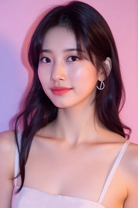 This photograph captures a young Asian woman with fair skin and wavy hair. She has a slender physique and is wearing a strapless, sheer white top that reveals her small breasts. Her makeup is subtle, with a focus on her eyes striking feature, with a subtle...