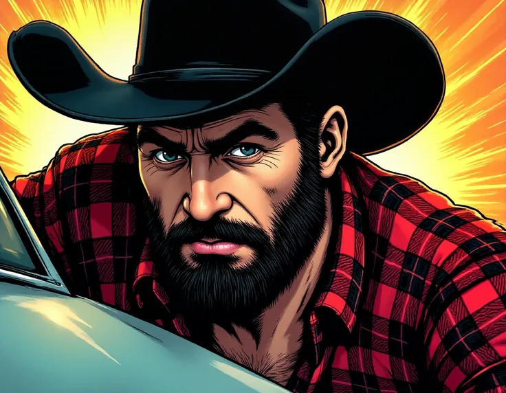 <lora:Benjamin_Rage_Flux:1> Benjamin Rage, close-up, red and black plaid shirt,  wearing a black cowboy hat, black stubble,  ducked behind a car, action packed, motion blur, comic book art style, comics, dynamic lines, vibrant colors, expressive characters...