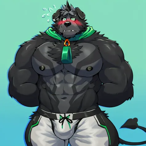 score_9, score_8_up, score_8, furry, Amduscias, black fur, horn, green eyes, collar, cartoon style, 2d, muscular male, huge pecs, thick thighs, wide hips, solo, topless, white pants, bulge, erect nipples, arms behind back, blush, looking at viewer, nervous...