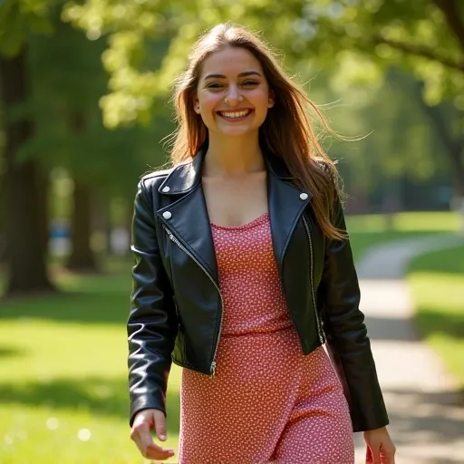 a photo of MissyMinks strolling through the park on a beautiful day, wearing a summer dress and a cropped leather jacket