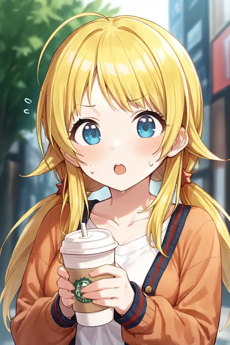 <lora:HachimiyaMeguru:0.8>, Hachimiya Meguru, blonde hair, blue eyes, long hair, ahoge, hair flaps, 1girl, solo, sweatdrop, looking at viewer, :o, blush, collarbone, twintails, upper body, open mouth, blurry background, holding, disposable cup, cardigan, s...