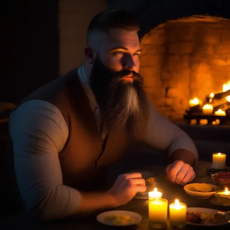 fireplace, food focus, outdoors, beard, candle