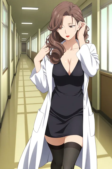 1girl, brown eyes, (mature female), brown hair, long hair, curly hair, asymmetrical hair, medium breasts, red lips, 
white lab coat, black one-piece dress, cleavage, black thighhighs,
walking, touching hair, 
indoors, school hallway, upper body, 
general, ...