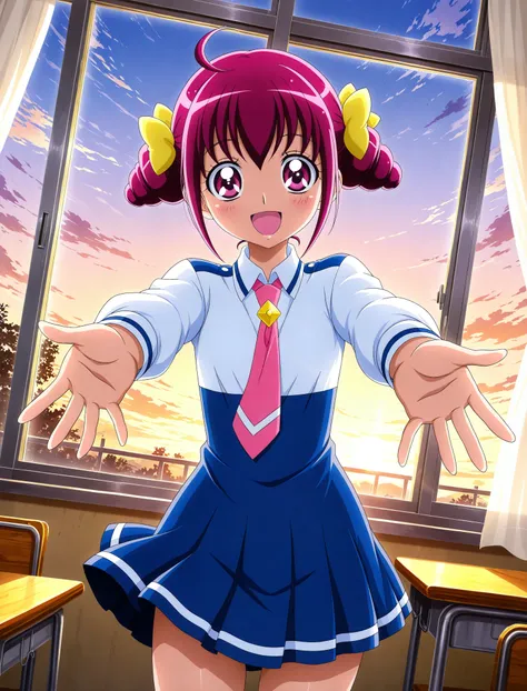 official style, 
1girl, solo, 
hoshizora miyuki, smile precure!, pink hair, twin drills, pink eyes, nanairogaoka middle school u...