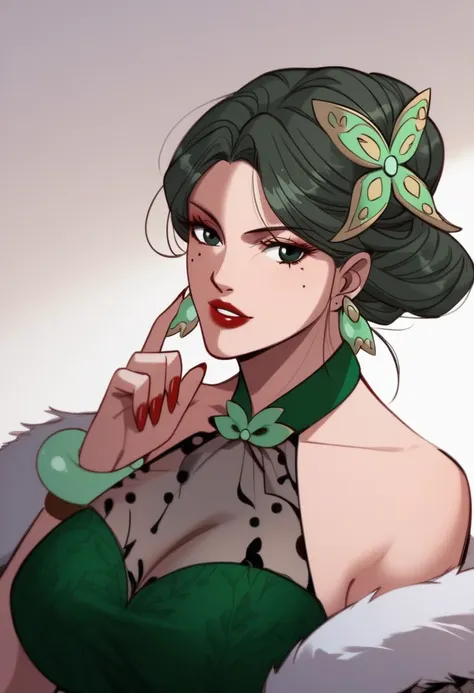 score_9, score_8_up, score_7_up, BREAK, LiuQinger, green hair, single hair bun, green eyes, mole under eye, large breasts, red lips, makeup, red nails, LiuGreenDress, butterfly hair ornament, earrings, halter dress, see-through, green dress, bare shoulders...