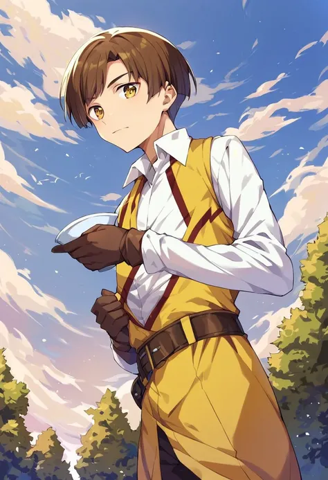 score_9, score_8_up, score_7_up, source_anime, highly detailed, 
deimne, solo, 1boy, male focus, straight hair, brown hair, fringe, stripe, hair, yellow eyes, large hair, parted middle bangs, middle stripe,  gloves, looking at viewer, brown gloves, pantyho...