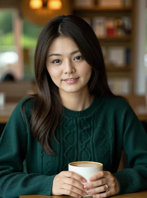 A professional photograph of a 22yo Asian woman Tsubasa_Akimoto wearing a dark green cableknit sweater in a cafe, holding a latte, detailed skin, bokeh, female focus, SFW<lora:Tsubasa_Akimoto:1>