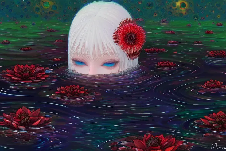 (vibrant colours, complex patterns, saturated, horror:0.8), monmon2133, adult woman, partially submerged, black sea, black slime, hidden mouth, drowing, blue eyes, white hair, black bubbles, narrowed eyes, hair flower, red flower, ripples