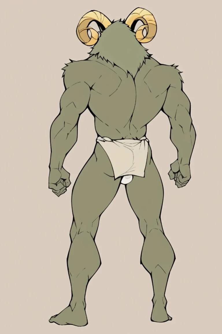 score_9, score_8_up, scate_7_up, anime origin, male, Swamp Goat Cryptid, full body, standing,  naked Fundoshi, penis bulge, full body, Male focus, Standing facing viewer, Rear view