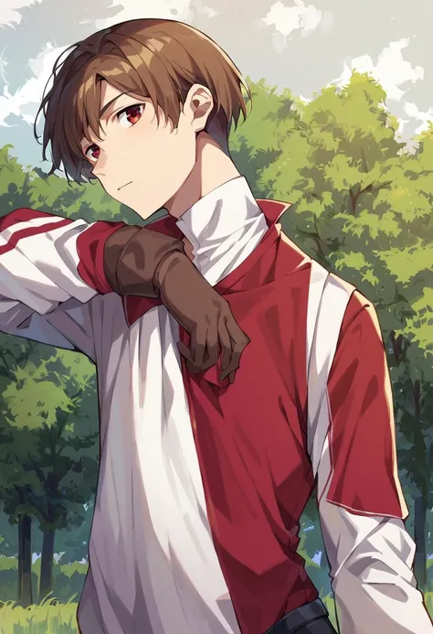 score_9, score_8_up, score_7_up, source_anime, highly detailed, 
deimne, solo, 1boy, male focus, straight hair, brown hair, fringe, stripe, hair, Red eyes, large hair, parted middle bangs, middle stripe,  gloves, looking at viewer, brown gloves, pantyhose,...