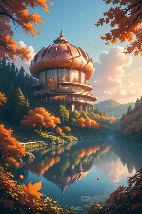 a painting of a building in the middle of a lake surrounded by trees