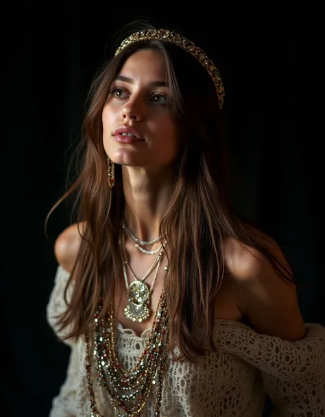 an overexposed photograph by Shepard Fairey portraying a Mesmerizing woman  in a bohemian outfit with shiny jewelery, dark background, Wistful <lora:ShatkoFlux1:1>