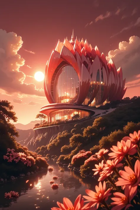 there is a large building with a lotus shaped structure on top of it