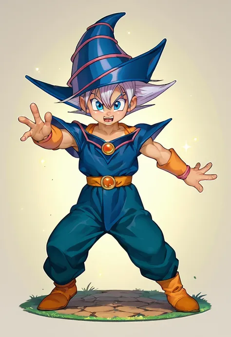 score_9, score_8_up, score_7_up, 1boy, dark magician, young trunks, hat, dynamic pose