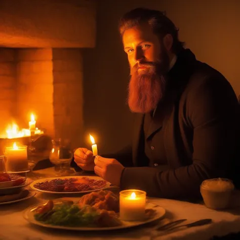 fireplace, food focus, outdoors, beard, candle