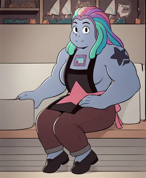 zPDXL3,<lora:Bismuth_from_Steven_Universe:1>,Bismuth,black eyes,apron,pants,shoes,tattoo,muscular female,looking_at_viewer,sitting,