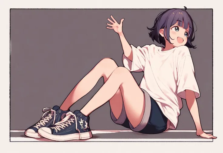 score_9, score_8_up, score_7_up,1girl, solo, colorfull, shorts, shirt, shoes, open mouth, short sleeves, smile, blush, bangs, :d, short hair, full body, t-shirt, sneakers, ahoge, looking away, hand up,