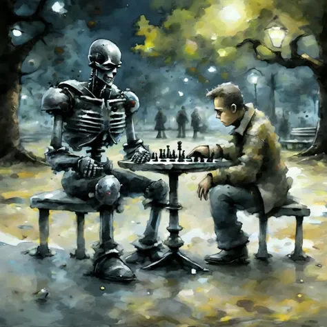 artmix04 terminator plays chess with man in the park, dark, very detailed<lora:artmix04:1>