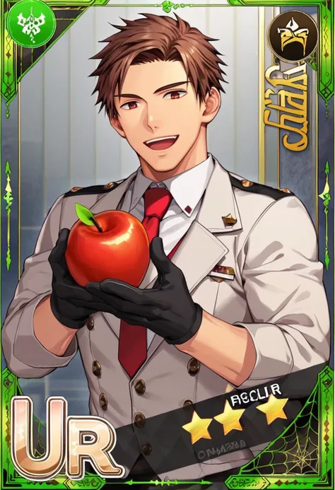 Aacards, solo, bara, muscular male, smile, short hair, shirt, 1boy, holding, jacket, text sr, sr, detail text, 5starts, Aacards, solo, open mouth, brown hair, red eyes, gloves, 1boy, holding, brown eyes, male focus, food, necktie, black gloves, fruit, hold...