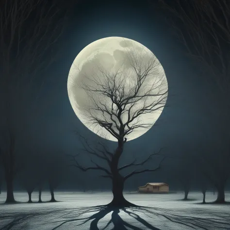 moon, bare tree, traditional media, tree, food focus