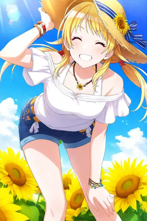 <lora:HachimiyaMeguru:0.8>, Hachimiya Meguru, blonde hair, blue eyes, long hair, ahoge, hair flaps, 1girl, sunflower, solo, jewelry, flower, shorts, closed eyes, denim, hat, outdoors, smile, denim shorts, grin, bracelet, hand on own knee, shirt, necklace, ...