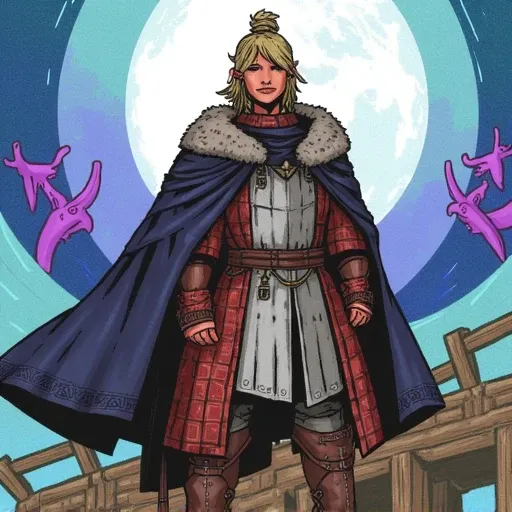 red and white plaid coat that reaches down to his knees, dark blue cloak with fur trim, wearing a mix of medieval and fantasy armor. The armor consists of a white, The image is a digital drawing of an fantastical creature set against a bright, magical atmo...