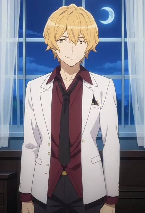 score_9, score_7_up, source_anime 
herme, 1boy, male focus, solo, yellow eyes, blonde hair, shirt, collared shirt, red shirt, necktie, black necktie, jacket, white jacket, long sleeves, pants, black pants, smile,
indoor, window, night, curtains, moon,