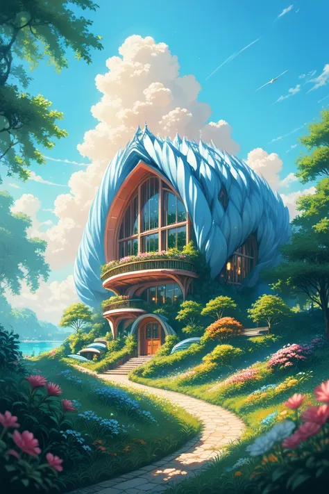 a painting of a house in the middle of a lush green forest